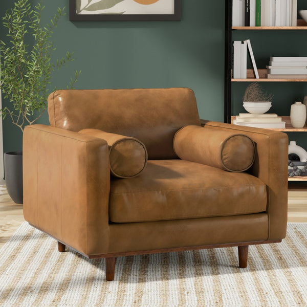 HomeRoots 43" Brown Leather Arm Chair - Mid-Century Modern Accent for Living Rooms, Bedrooms & Offices 639177