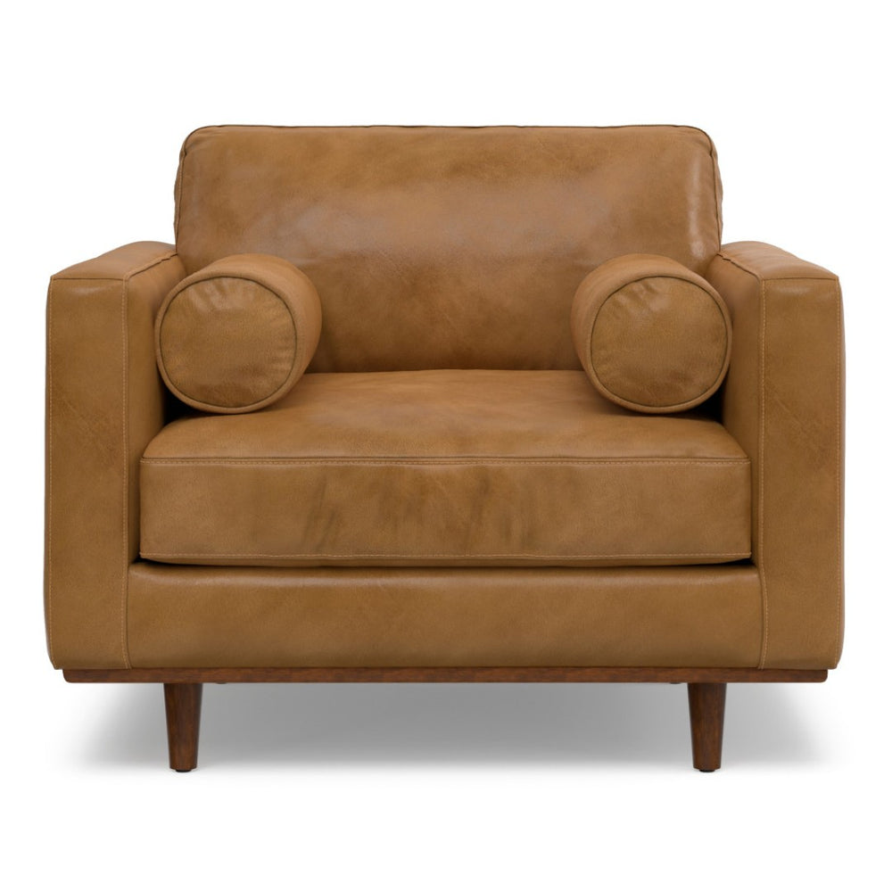HomeRoots 43" Brown Leather Arm Chair - Mid-Century Modern Accent for Living Rooms, Bedrooms & Offices 639177