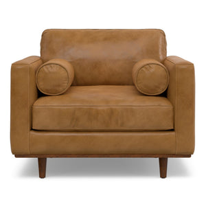HomeRoots 43" Brown Leather Arm Chair - Mid-Century Modern Accent for Living Rooms, Bedrooms & Offices 639177
