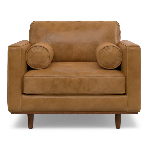 HomeRoots 43" Brown Leather Arm Chair - Mid-Century Modern Accent for Living Rooms, Bedrooms & Offices 639177