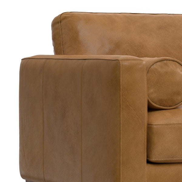 HomeRoots 43" Brown Leather Arm Chair - Mid-Century Modern Accent for Living Rooms, Bedrooms & Offices 639177