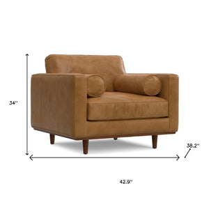 HomeRoots 43" Brown Leather Arm Chair - Mid-Century Modern Accent for Living Rooms, Bedrooms & Offices 639177