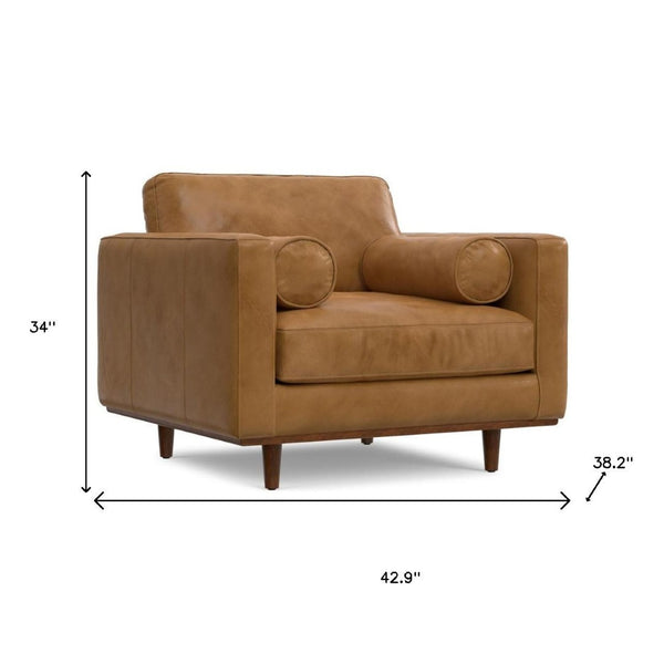 HomeRoots 43" Brown Leather Arm Chair - Mid-Century Modern Accent for Living Rooms, Bedrooms & Offices 639177