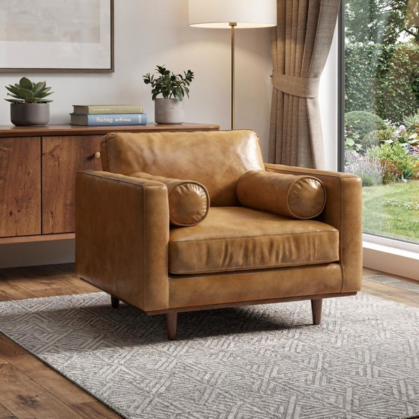 HomeRoots 43" Brown Leather Arm Chair - Mid-Century Modern Accent for Living Rooms, Bedrooms & Offices 639177