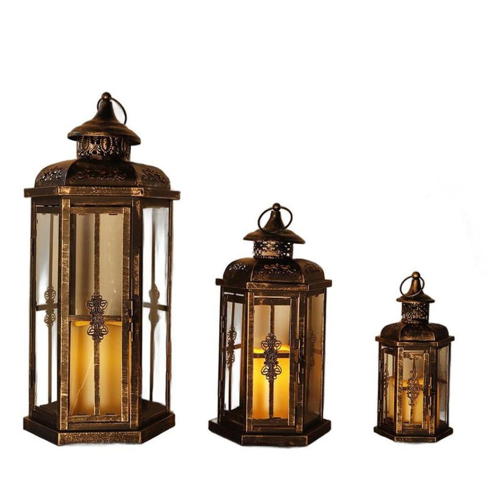 HomeRoots Set of Three Vintage Black and Gold Distressed Filigree Lantern Candle Holders for Stylish Decor 639181