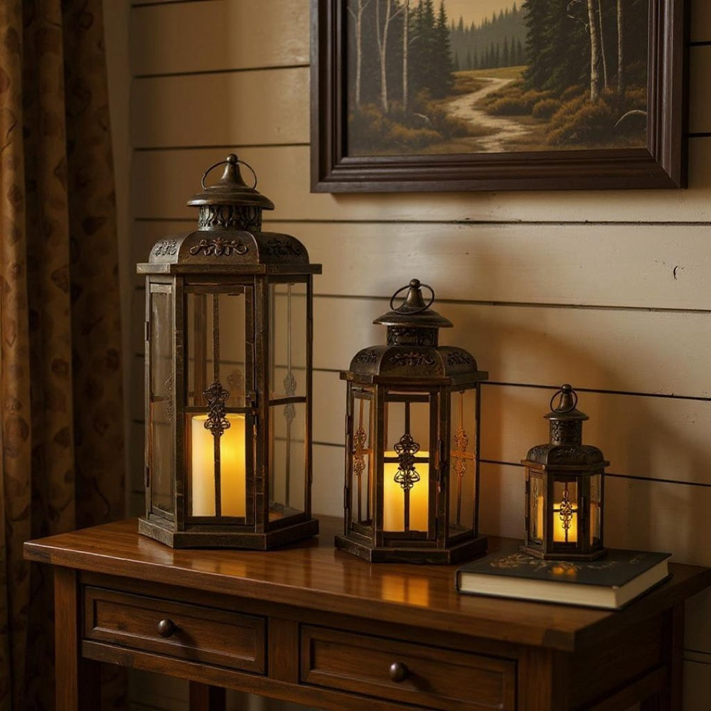 HomeRoots Set of Three Vintage Black and Gold Distressed Filigree Lantern Candle Holders for Stylish Decor 639181