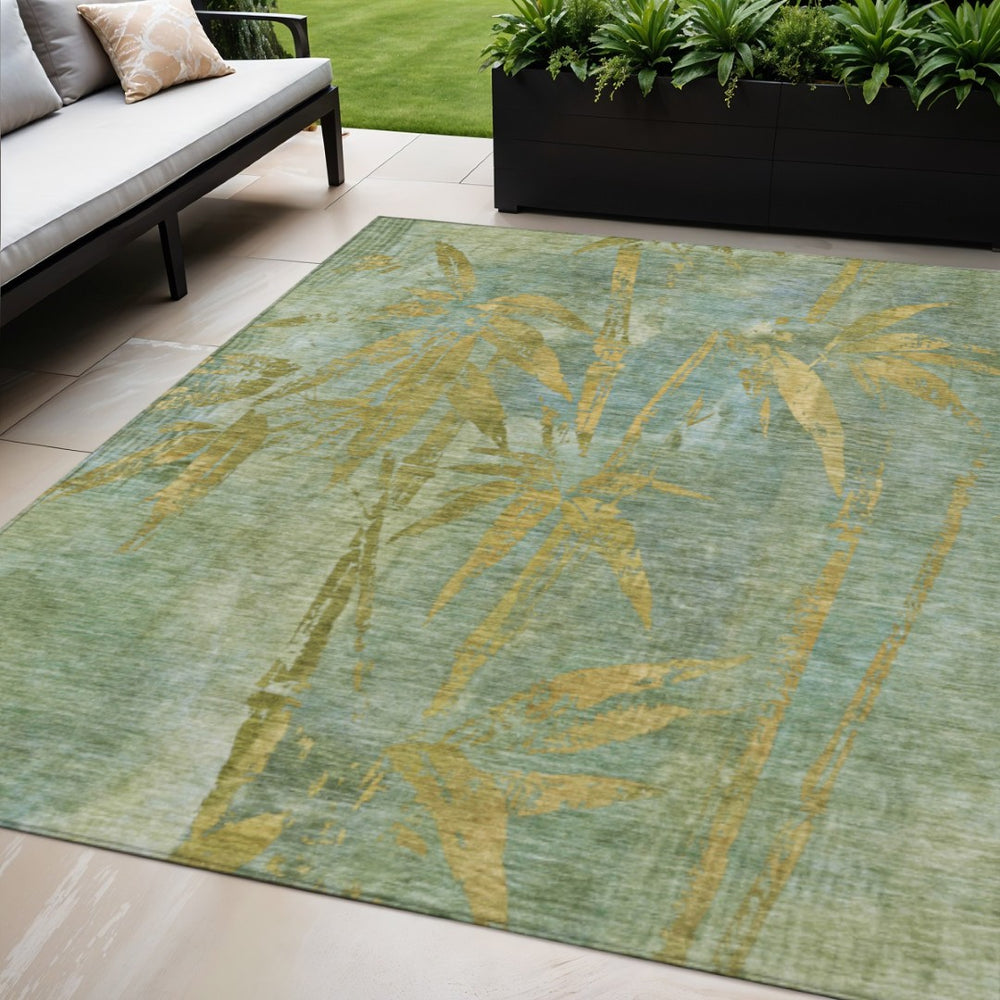 HomeRoots 5' Artichoke Green & Gold Botanical Leaves Rug - Durable, Washable Indoor/Outdoor Accent for Any Space 639186