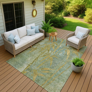 HomeRoots 5' Artichoke Green & Gold Botanical Leaves Rug - Durable, Washable Indoor/Outdoor Accent for Any Space 639186