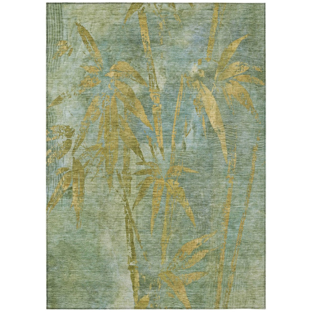 HomeRoots 5' Artichoke Green & Gold Botanical Leaves Rug - Durable, Washable Indoor/Outdoor Accent for Any Space 639186