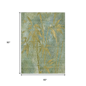 HomeRoots 5' Artichoke Green & Gold Botanical Leaves Rug - Durable, Washable Indoor/Outdoor Accent for Any Space 639186