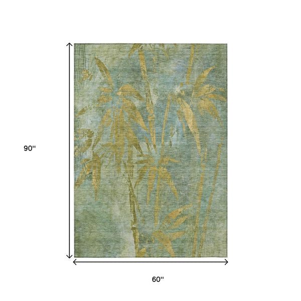 HomeRoots 5' Artichoke Green & Gold Botanical Leaves Rug - Durable, Washable Indoor/Outdoor Accent for Any Space 639186