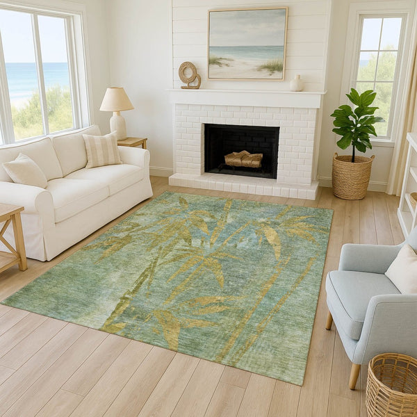 HomeRoots 5' Artichoke Green & Gold Botanical Leaves Rug - Durable, Washable Indoor/Outdoor Accent for Any Space 639186