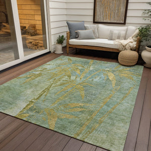 HomeRoots 5' Artichoke Green & Gold Botanical Leaves Rug - Durable, Washable Indoor/Outdoor Accent for Any Space 639186