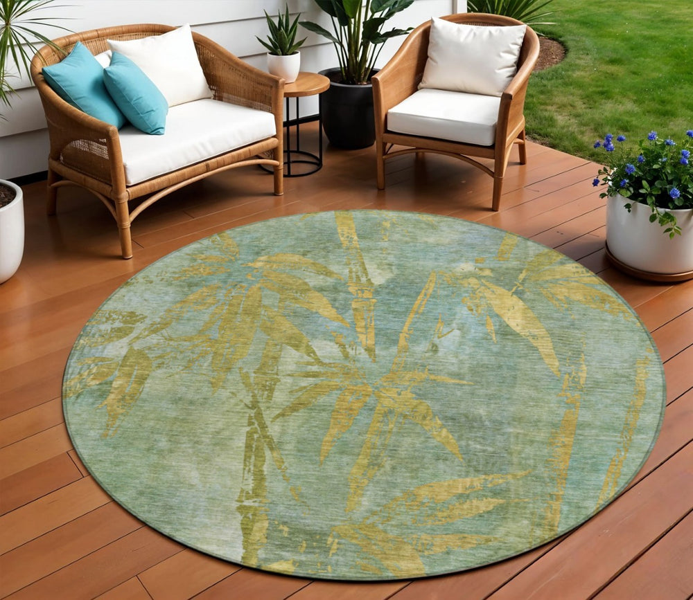 HomeRoots 8' Artichoke Green & Gold Round Botanical Leaves Rug - Washable, Durable for Indoor & Outdoor Use 639187