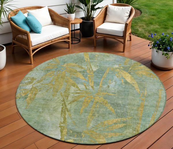 HomeRoots 8' Artichoke Green & Gold Round Botanical Leaves Rug - Washable, Durable for Indoor & Outdoor Use 639187