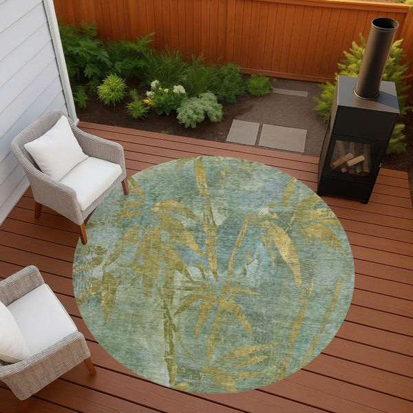 HomeRoots 8' Artichoke Green & Gold Round Botanical Leaves Rug - Washable, Durable for Indoor & Outdoor Use 639187