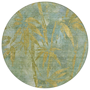 HomeRoots 8' Artichoke Green & Gold Round Botanical Leaves Rug - Washable, Durable for Indoor & Outdoor Use 639187