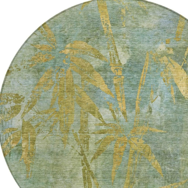 HomeRoots 8' Artichoke Green & Gold Round Botanical Leaves Rug - Washable, Durable for Indoor & Outdoor Use 639187