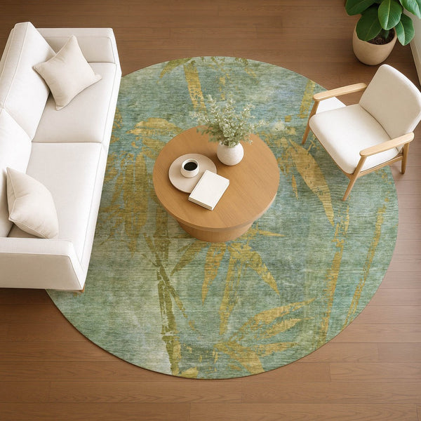 HomeRoots 8' Artichoke Green & Gold Round Botanical Leaves Rug - Washable, Durable for Indoor & Outdoor Use 639187