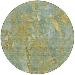 HomeRoots 8' Artichoke Green & Gold Round Botanical Leaves Rug - Washable, Durable for Indoor & Outdoor Use 639187