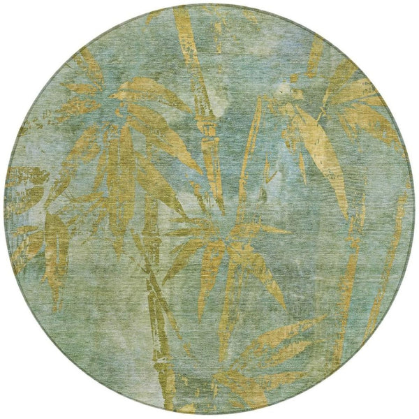 HomeRoots 8' Artichoke Green & Gold Round Botanical Leaves Rug - Washable, Durable for Indoor & Outdoor Use 639187