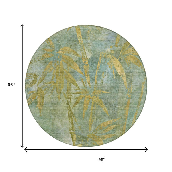 HomeRoots 8' Artichoke Green & Gold Round Botanical Leaves Rug - Washable, Durable for Indoor & Outdoor Use 639187