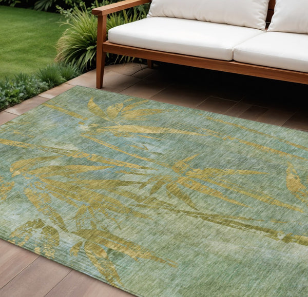 HomeRoots 8' X 10' Artichoke Green & Gold Botanical Leaves Rug - Washable, Durable for Indoor & Outdoor Use 639188