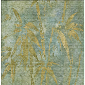 HomeRoots 9' X 12' Artichoke Green & Gold Botanical Leaves Rug - Washable for Indoor/Outdoor Elegance & Durability 639189