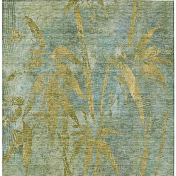 HomeRoots 9' X 12' Artichoke Green & Gold Botanical Leaves Rug - Washable for Indoor/Outdoor Elegance & Durability 639189