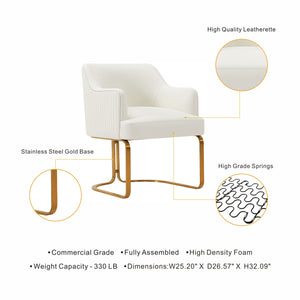 English Elm Raya Solid Wood Vegan Leather Dining Chair with Gold Geometric Base, Ribbed Back & High-Density Foam Ivory B365P397727