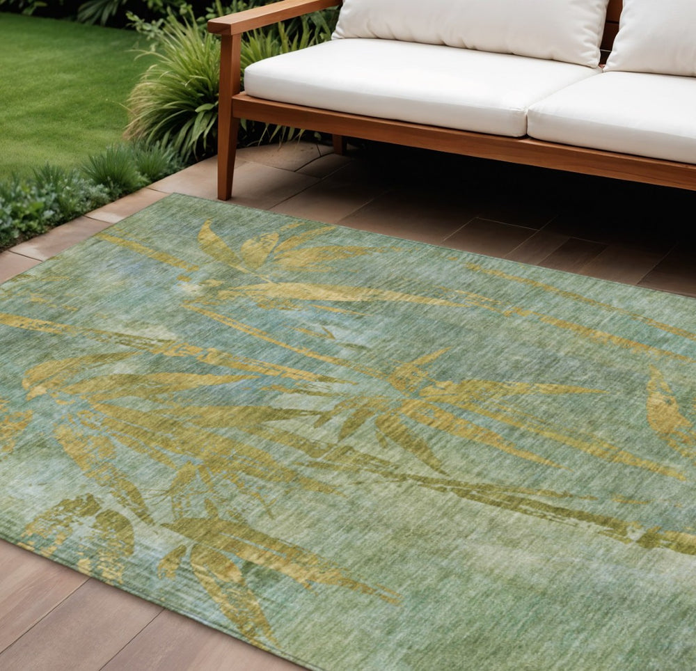 HomeRoots 10' Artichoke Green & Gold Botanical Leaves Rug - Durable, Washable, Indoor/Outdoor Elegance! 639190