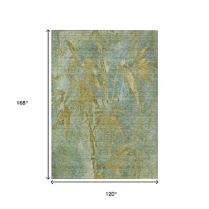 HomeRoots 10' Artichoke Green & Gold Botanical Leaves Rug - Durable, Washable, Indoor/Outdoor Elegance! 639190