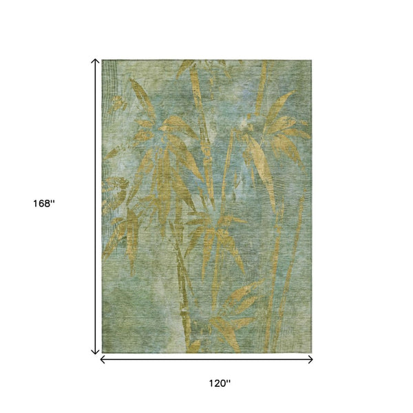 HomeRoots 10' Artichoke Green & Gold Botanical Leaves Rug - Durable, Washable, Indoor/Outdoor Elegance! 639190