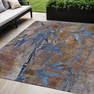 HomeRoots 5' X 8' Brown and Blue Botanical Leaves Rug - Stylish, Washable, Durable for Indoor & Outdoor Use 639192