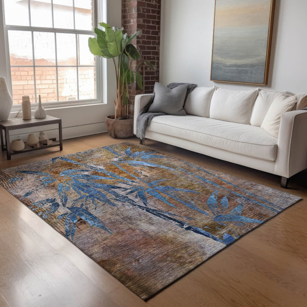 HomeRoots 5' X 8' Brown and Blue Botanical Leaves Rug - Stylish, Washable, Durable for Indoor & Outdoor Use 639192