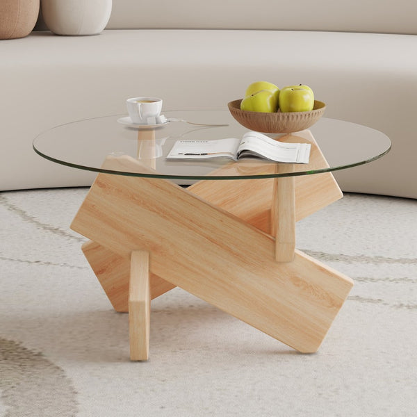 English Elm Circular Tempered Glass Round Coffee Table with Wood Tone Mdf Legs for Modern Living W1151P146792