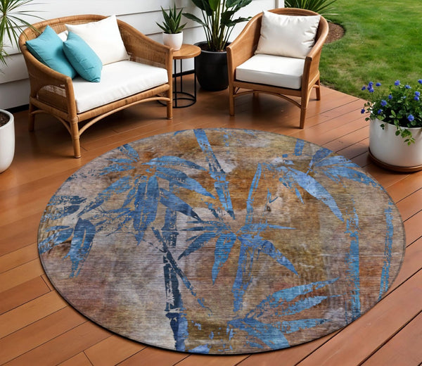 HomeRoots 8' Round Botanical Leaves Washable Area Rug - Durable, Stylish Indoor & Outdoor Design for Any Space 639193