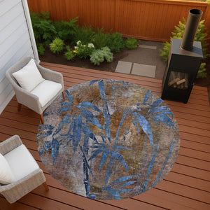 HomeRoots 8' Round Botanical Leaves Washable Area Rug - Durable, Stylish Indoor & Outdoor Design for Any Space 639193
