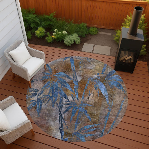 HomeRoots 8' Round Botanical Leaves Washable Area Rug - Durable, Stylish Indoor & Outdoor Design for Any Space 639193