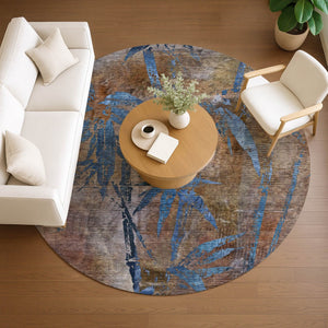 HomeRoots 8' Round Botanical Leaves Washable Area Rug - Durable, Stylish Indoor & Outdoor Design for Any Space 639193