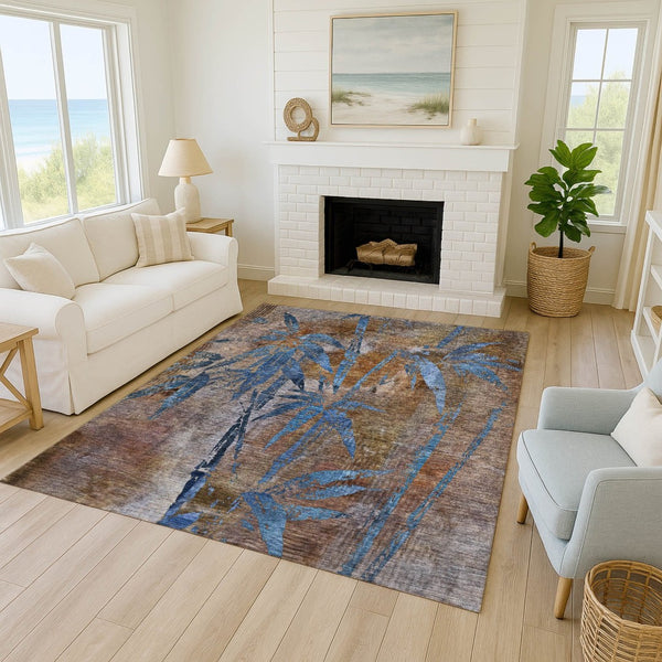 HomeRoots 8' X 10' Brown and Blue Botanical Leaves Rug - Durable, Washable Area Rug for Indoor & Outdoor Use 639194