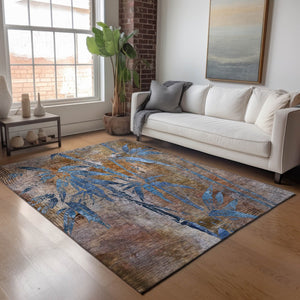 HomeRoots 8' X 10' Brown and Blue Botanical Leaves Rug - Durable, Washable Area Rug for Indoor & Outdoor Use 639194