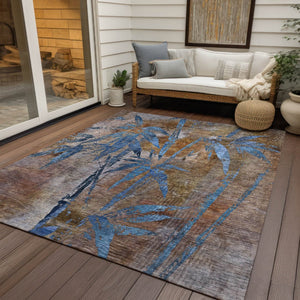 HomeRoots 8' X 10' Brown and Blue Botanical Leaves Rug - Durable, Washable Area Rug for Indoor & Outdoor Use 639194