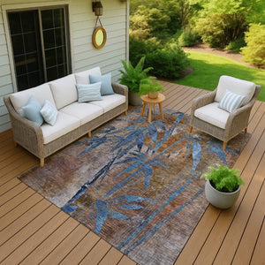 HomeRoots 9' X 12' Brown and Blue Botanical Leaves Area Rug - Durable, Washable, Ideal for Indoor & Outdoor Use 639195