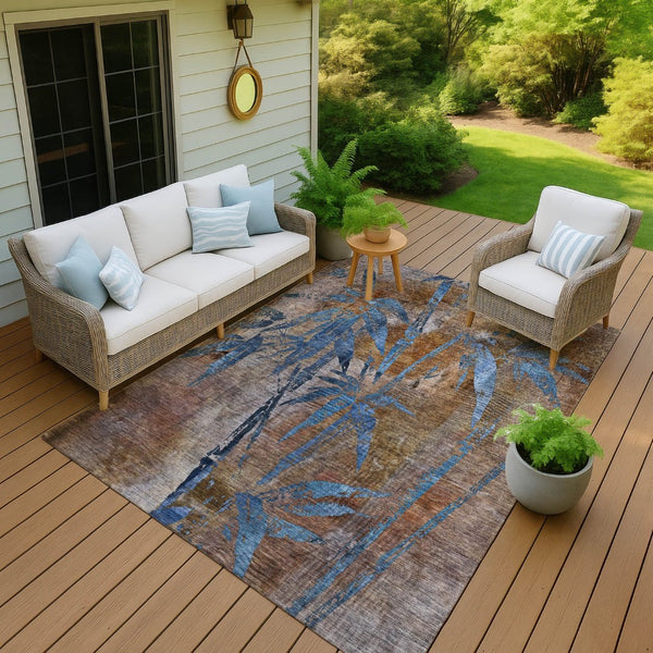 HomeRoots 9' X 12' Brown and Blue Botanical Leaves Area Rug - Durable, Washable, Ideal for Indoor & Outdoor Use 639195