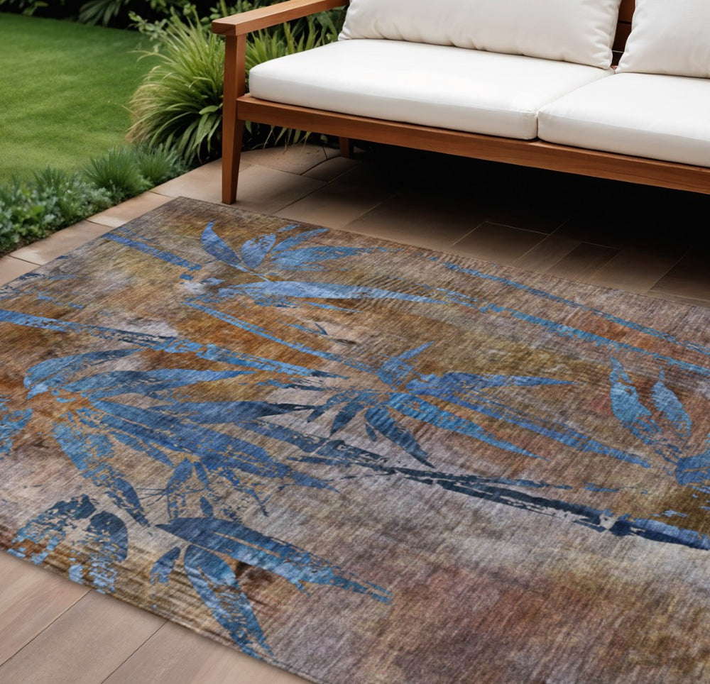 HomeRoots 10' X 14' Brown And Blue Botanical Leaves Rug - Durable, Washable Indoor/Outdoor Area for Any Space 639196