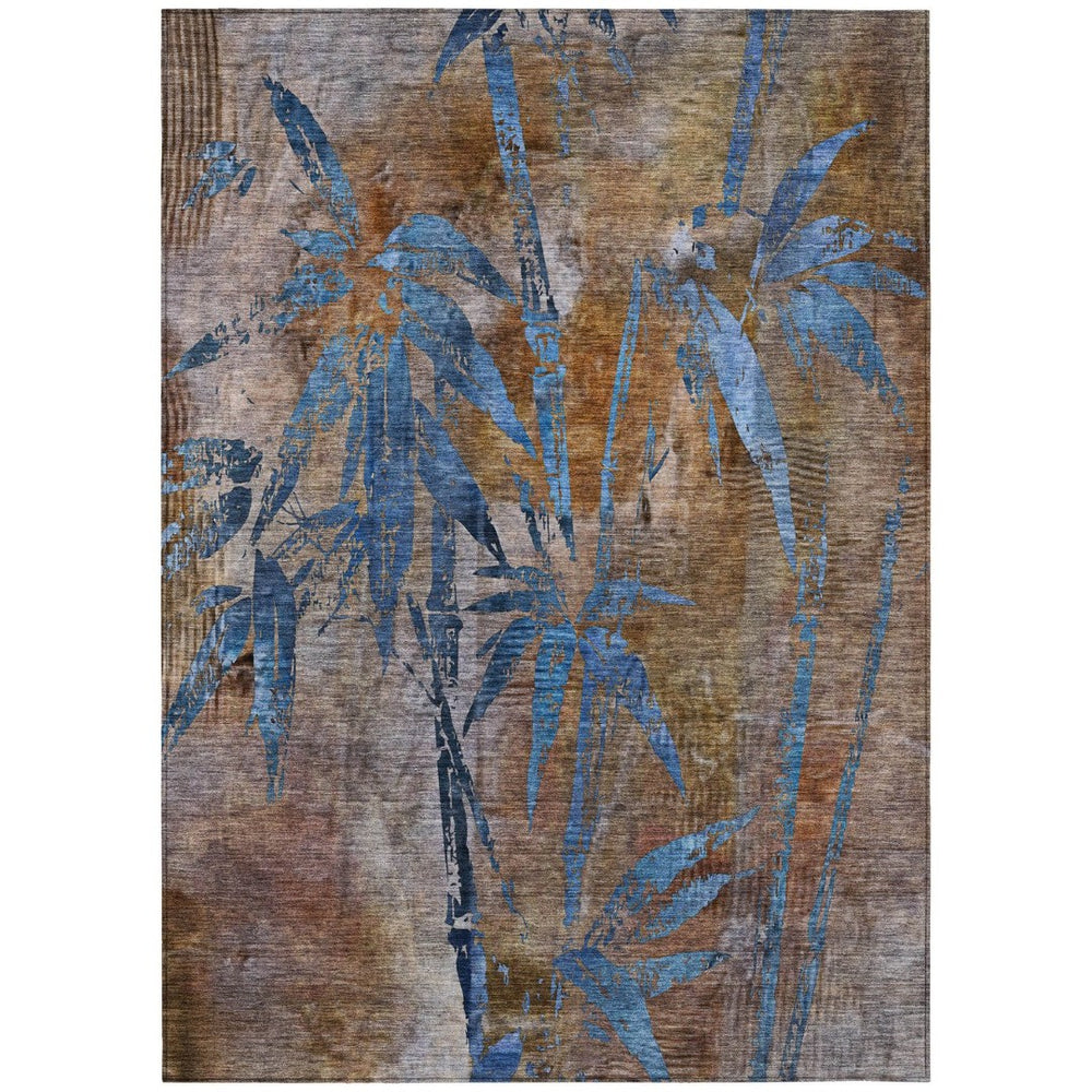 HomeRoots 10' X 14' Brown And Blue Botanical Leaves Rug - Durable, Washable Indoor/Outdoor Area for Any Space 639196