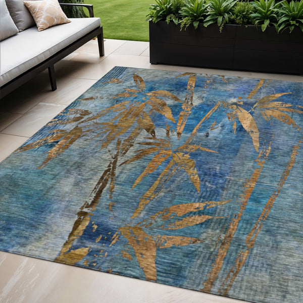 HomeRoots 5' X 8' Washable Blue & Brown Botanical Leaves Area Rug - Durable, Stylish for Indoor & Outdoor Use 639198