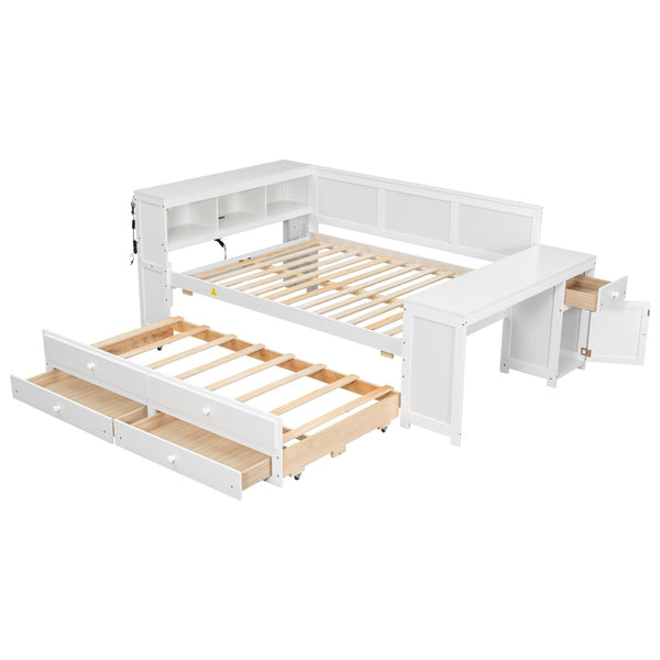English Elm Full Size Pine Wood Platform Daybed with Led Headboard Desk Storage and Charging White N7090000475K-1