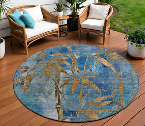 HomeRoots 8' Round Botanical Leaves Area Rug - Blue & Brown, Washable, Durable for Indoor & Outdoor Spaces 639199